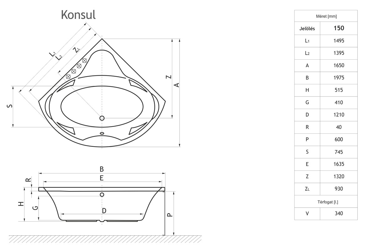 Konsul sarokkád méretrajz